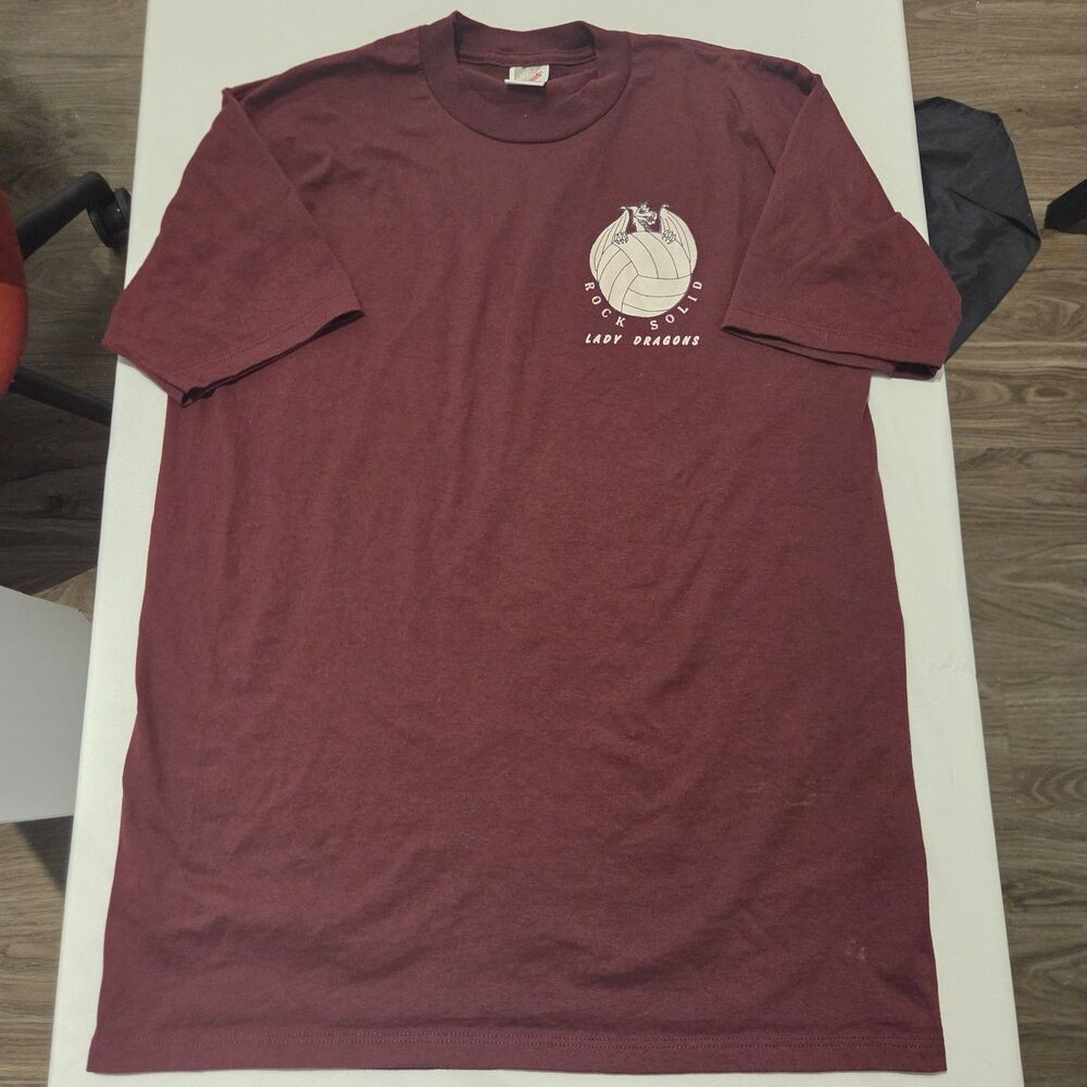 Vintage Jerzees Rock Solid Lady Dragons Volleyball T Shirt L Maroon Made in USA